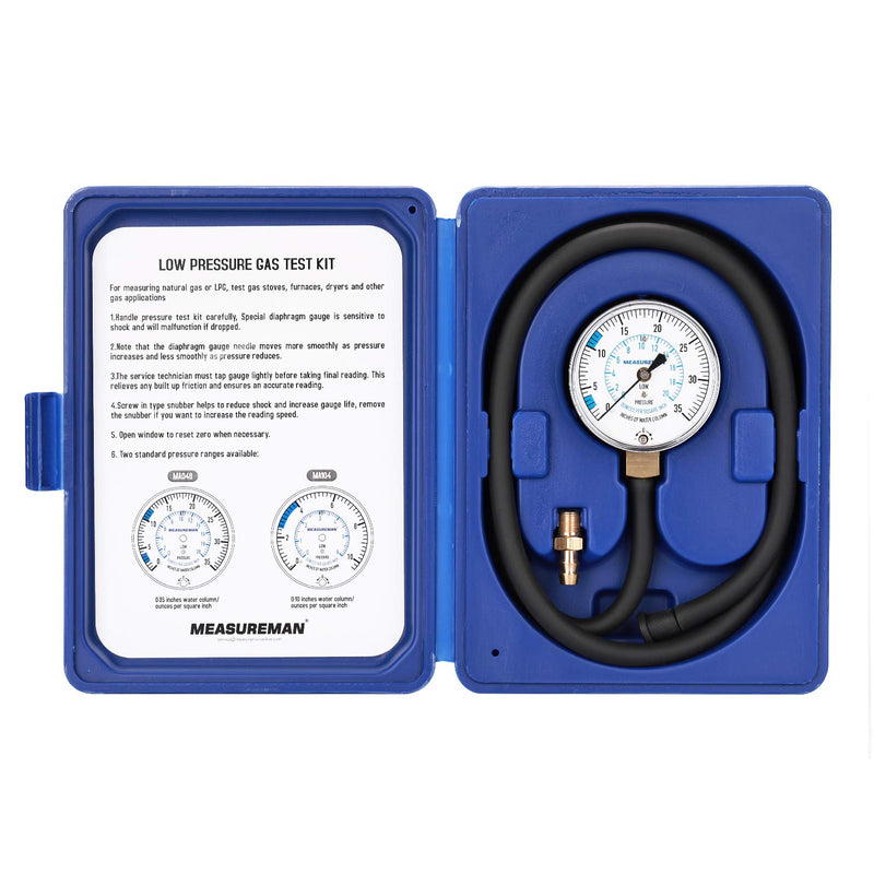 MEASUREMAN Natural Gas or LP Gas Manifold Pressure Test Kit, 0-35 "W.C., 1/4" NPT, 40" Length Hose 0-10inH2O Pressure Test Kit