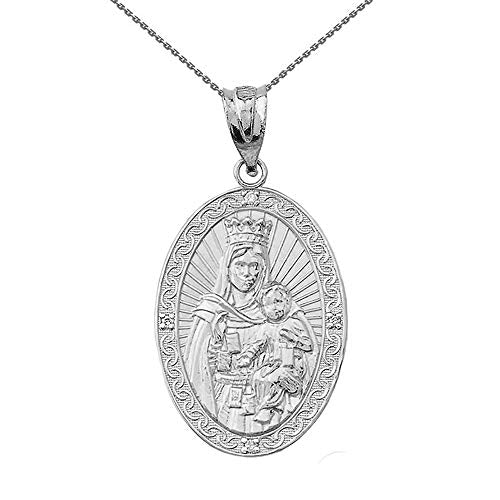 Saint Collection Sterling Silver Our Lady of Mount Carmel (Virgen Del Carmen) CZ-Accented Oval Pendant Necklace 16 Inches