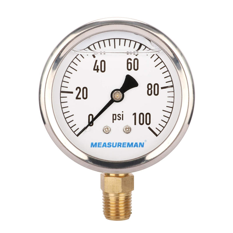 [Australia - AusPower] - MEASUREMAN 2-1/2" Dial Size, Glycerin Filled Plumbing Pressure Gauge, 0-100psi, Stainless Steel Case, 1/4"NPT Lower Mount 0-100 psi 
