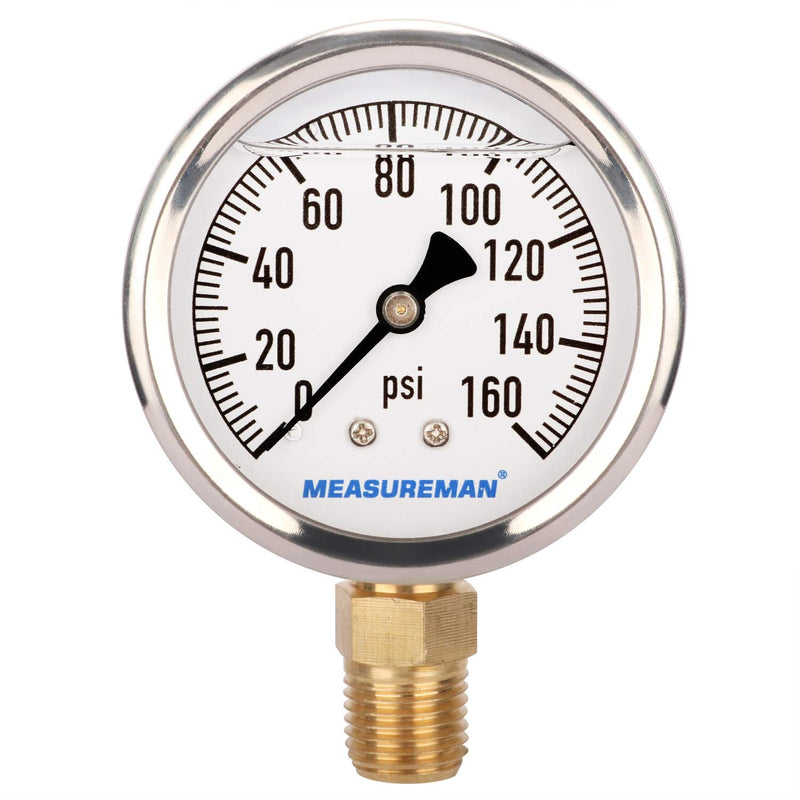 [Australia - AusPower] - MEASUREMAN Lead-Free Glycerin Filled Pressure Gauge, 0-160psi, RV Regulator Replacement Pressure Gauge, 2" x 1/4"NPT Lower, Stainless Steel Case, Brass Inside, 0-160 psi?RV? Lower Mount Single Scale 