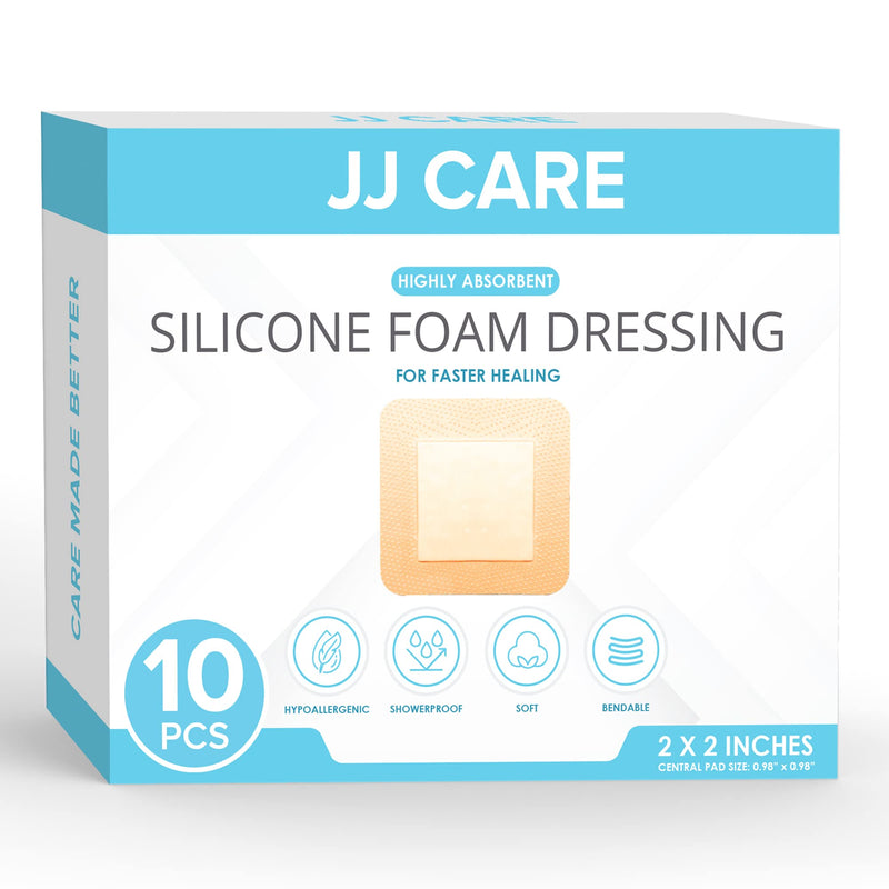 [Australia - AusPower] - JJ CARE Silicone Foam Dressing 2x2 [Pack of 10], Silicone Bandages for Wounds, Waterproof Wound Dressing with Silicone Adhesive Border, Absorbent Bed Sore Bandages for Wound Care 2x2 Inch (Pack of 10) 