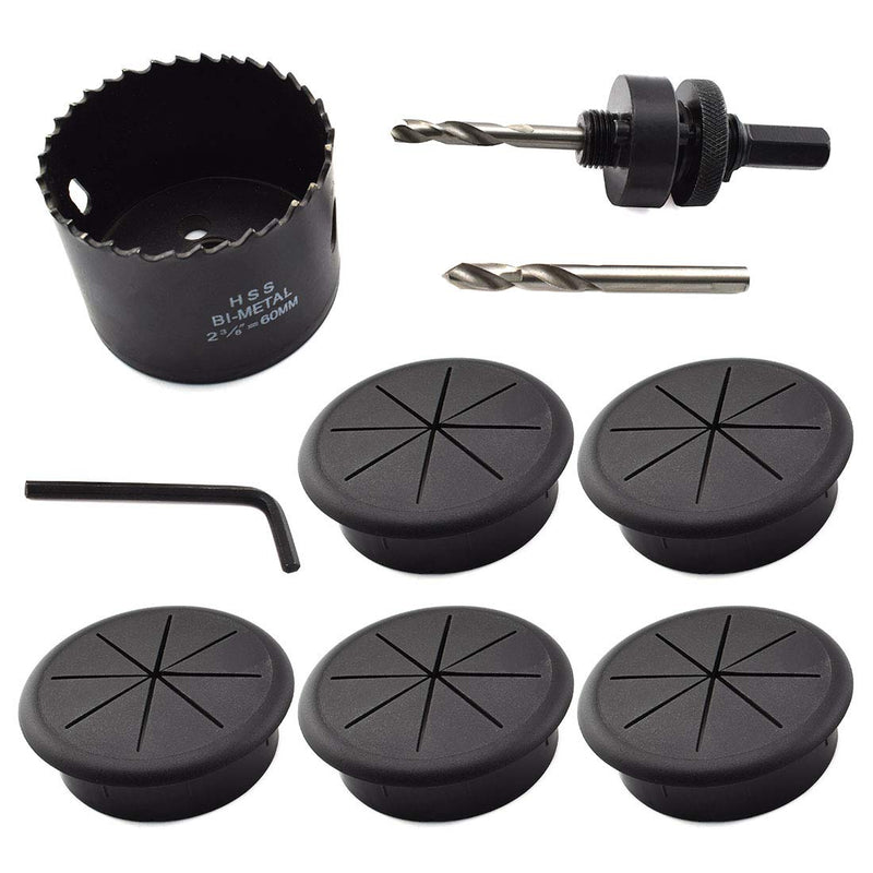 2-3/8 Inch Desk Grommet and Hole Saw Kit, OZXNO 5-Pack 60mm Flexible Desk Wire Cord Hole Cover with Matching Holesaw Drill Bits for Cable Organizer Wiring Management and Protection 2-3/8 inch (60mm)