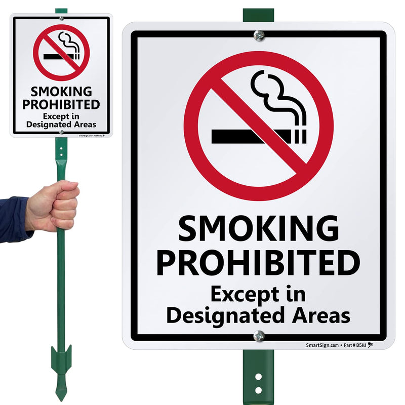 SmartSign 12 x 10 inch “Smoking Prohibited Except In Designated Areas” Yard Sign with 3 foot Stake, 40 mil Laminated Rustproof Aluminum, Red, Black and White, Set of 1