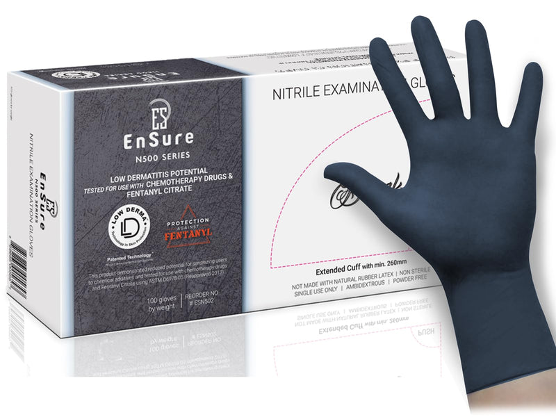 [Australia - AusPower] - EnSure Low Derma Gray Black Powder Free Nitrile Exam Gloves, Extended Cuff Medium (Pack of 100) 