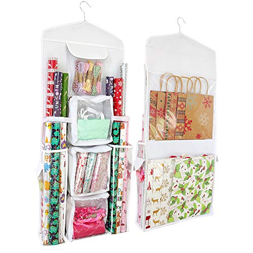 White SumDirect double-sided gift wrap organizer with hanging pockets for wrapping paper and gift bag storage.
