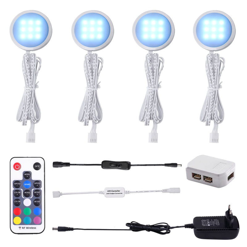 AIBOO RGB LED Cabinet Lighting Set of 4, 12 V LED Under-Unit Light, Colour Changing with Remote Control, Dimmable RGB Display Cabinet Lighting LED for Lighting Kitchen Cabinets 4 Stück (1er Pack)