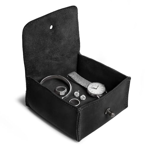 Hide & Drink, Jewelry Pouch, Mini Travel Size Box, Rings & Precious Articles Storage Organizer, Groom & Bridesmaid Wedding Gifts, Full Grain Leather, Handmade, Charcoal Black