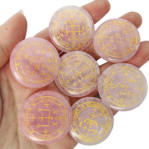7 Piece Archangel Engraved Crystal Stone Set, Natural Gemstone Palm Disc with Gold Magic Symbols, Spiritual Decor Meditation Pocket Stone Gift Set,Rose Quartz Rose Quartz
