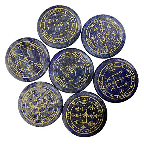7 Piece Archangel Engraved Crystal Stone Set, Natural Gemstone Palm Disc with Gold Magic Symbols, Spiritual Decor Meditation Pocket Stone Gift Set,Lapis Lazuli Lapis Lazuli