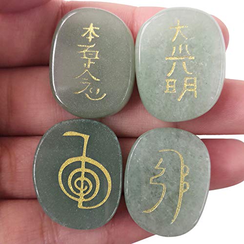 Green Aventurine Reiki Symbol Engraved Healing Crystal Stones Set of 4 | Gold Carved Chakra Palm Stones for Meditation Energy Gift, 25mm Green Aventurine