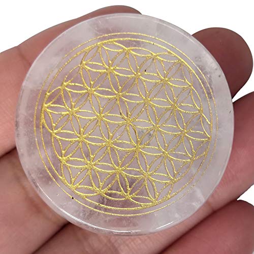 Flower of Life Engraved Natural Crystal Palm Stone | Sacred Geometry Pocket Stone for Meditation & Mindfulness | 35mm Polished Worry Stone, Rock Quartz