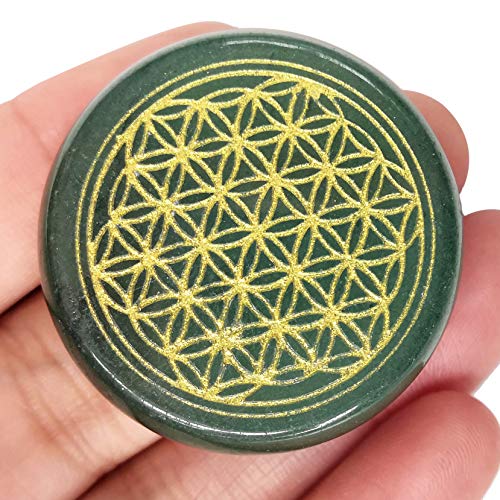 Flower of Life Engraved Natural Crystal Palm Stone | Sacred Geometry Pocket Stone for Meditation & Mindfulness | 35mm Polished Worry Stone, Green Aventurine