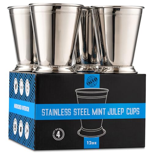 Mint Julep Cups: Stainless Steel Glasses, Set of 4, Metal 12 oz Cocktail Glasses, Party Supplies (4)