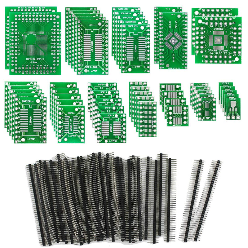 [Australia - AusPower] - KeeYees 12 Types SMD to DIP Adapter PCB Proto Board Kit SOP8 SOP10 SOP14 SOP16 SOP20 SOP24 SOP28 0402/0603/0805 SMT SOT89/SOT223 TQFP100 QFN32 QFN44/48 with 40pcs 2.54mm Pin Header 