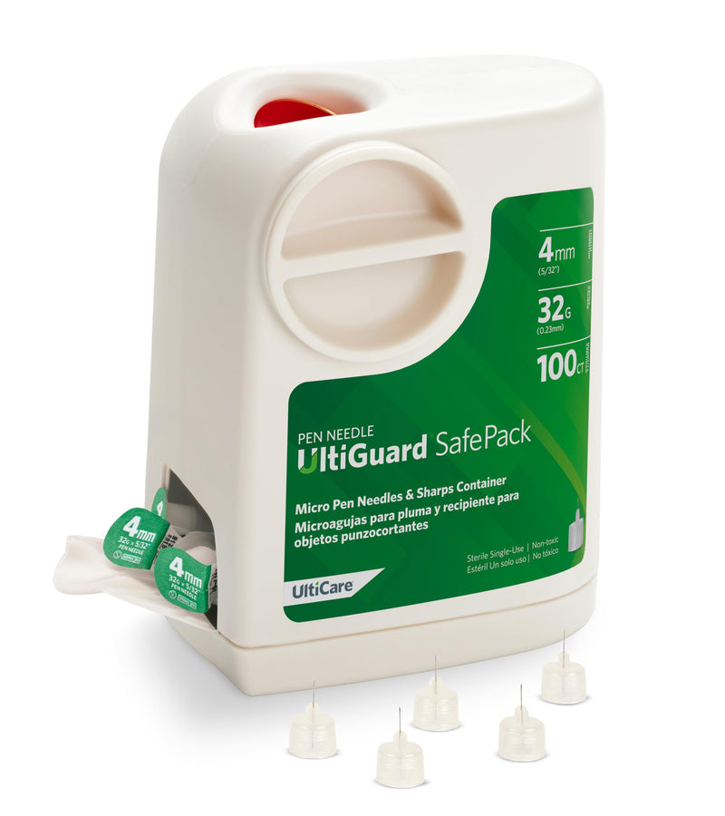 [Australia - AusPower] - All-in-One UltiGuard Safe Pack Pen Needles and Sharps Container for at-Home Insulin Injections and Safe Needle Disposal, Size: Mini 4mm (5/32”) x 32G, 100 Count 