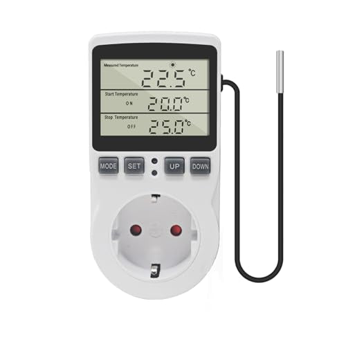 KETOTEK 230 V Temperature Controller Plug with Sensor, Digital Thermostat Plug with Timer, Plug Thermostat Timing Switch for Greenhouses, Aquariums, Heating, Cooling Without backlight