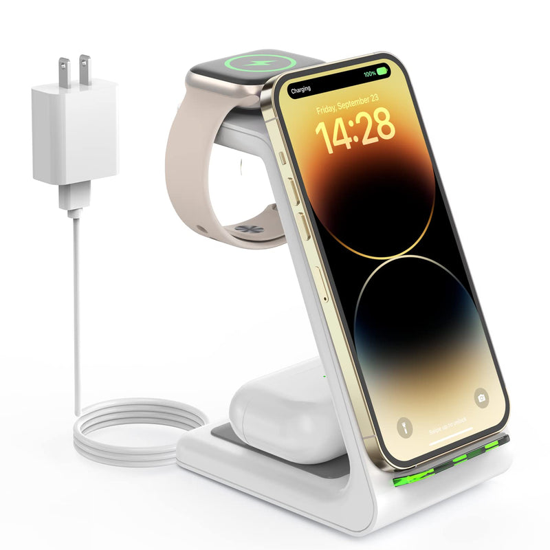 [Australia - AusPower] - Wireless Charging Station for Apple - 3 in 1 Wireless Charger Stand Dock Watch and Phone Charger Station for Apple Watch 8/7/SE/6/5/4/3/2, iPhone 15 14 13 12 Pro Max SE XS X, Samsung, AirPods Pro/3/2 White 