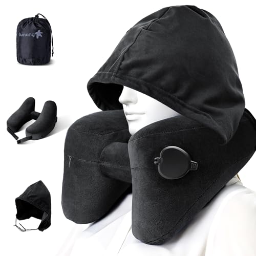 Sunany Neck Pillow for Travel Inflatable Airplane Pillow Comfortably Supports Head,Neck and Chin,Inflatable Travel Pillow with Soft Velour Cover,Portable Drawstring Bag (Black with Hat) Dark Black H-Shape