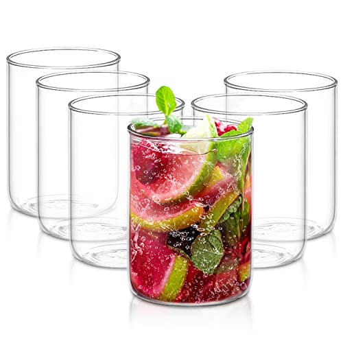 Set of six Borosil Radius glass tumblers, 295ml each, in a mixed drinkware set for stylish beverage serving.