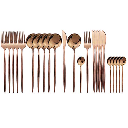 JASHII 24 Pieces 304 Stainless Steel Rose Cutlery Set Home Kitchen Silverware Set, Mirror Polished, Knife/Fork/Spoon, Modern Elegant Silverware Set for Party, Christmas Rose Gold