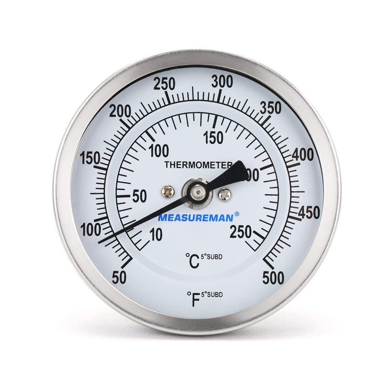 [Australia - AusPower] - Measureman Fully Stainless Steel Bimetal Dial Thermometer, 3" Dial, 4" Stem, 50-500 deg F/10-260 deg C, -1% Accuracy, Adjustable, 1/2" NPT Back Mount 