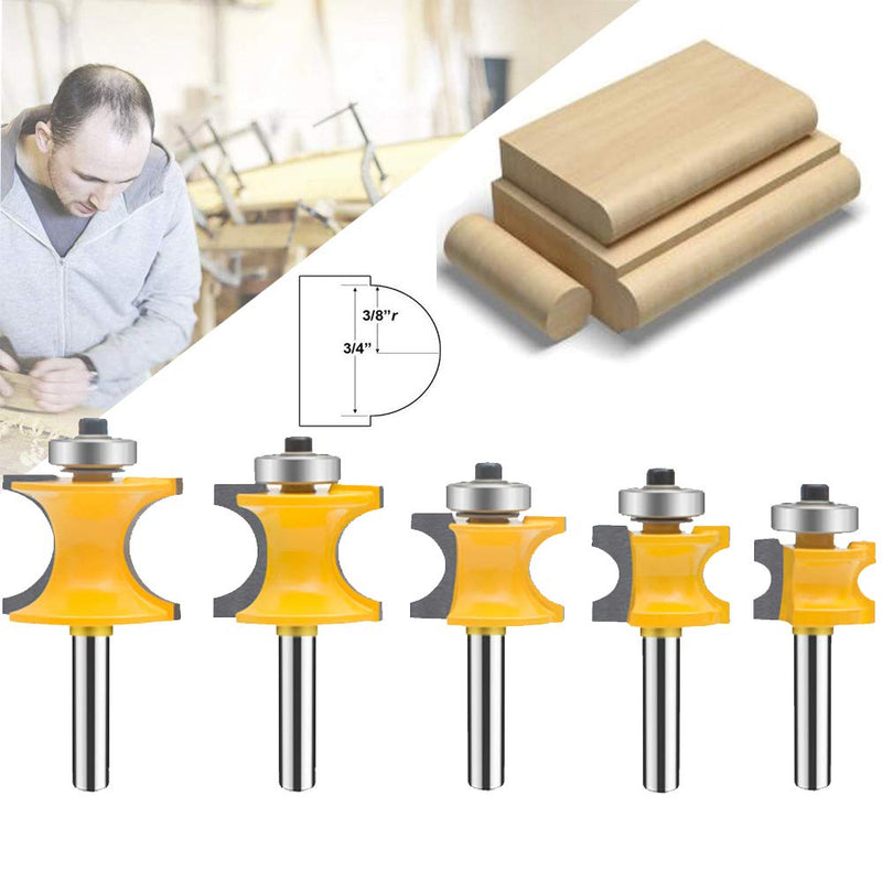 TAIWAIN 5PCS Router Bit Set Woodworking Cutter 1/4 Inch Shank, Half Round Bearing Bullnose Milling Door Cabinet Drawer Cutter Bits, Carbide Tipped Round Edge Cutting Ball Blade Radius(G1-G) G1-G