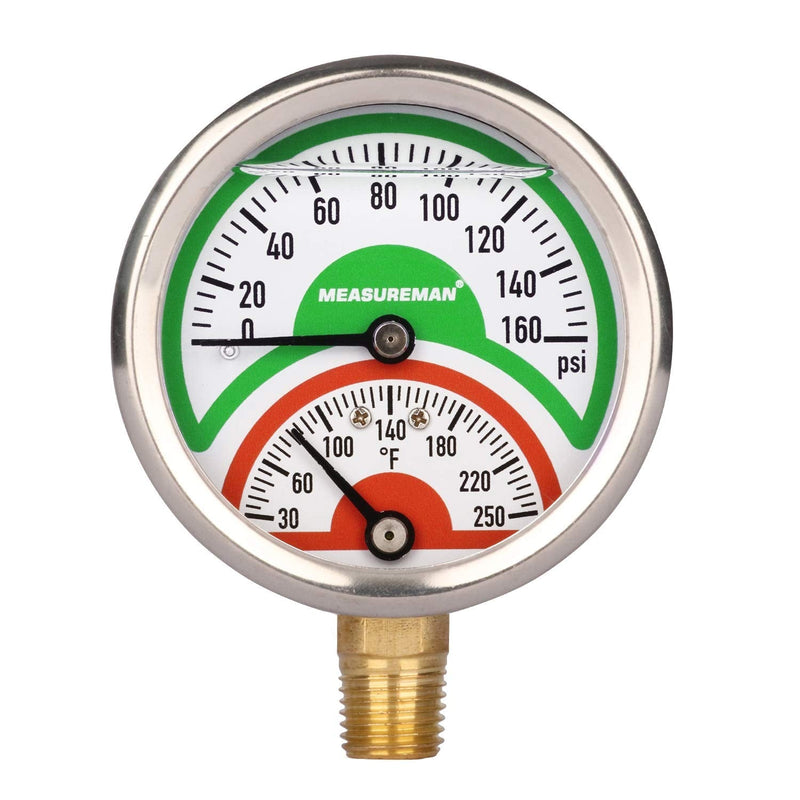 [Australia - AusPower] - MEASUREMAN Tridicator, Thermo-Manometer, 2-1/2", Silicone Oil Filled, 0-160psi/30-250 deg F, Stainless Steel Case, 1/4"NPT Lower Mount Pressure Gauge Lower Mount-Liquid Filled 
