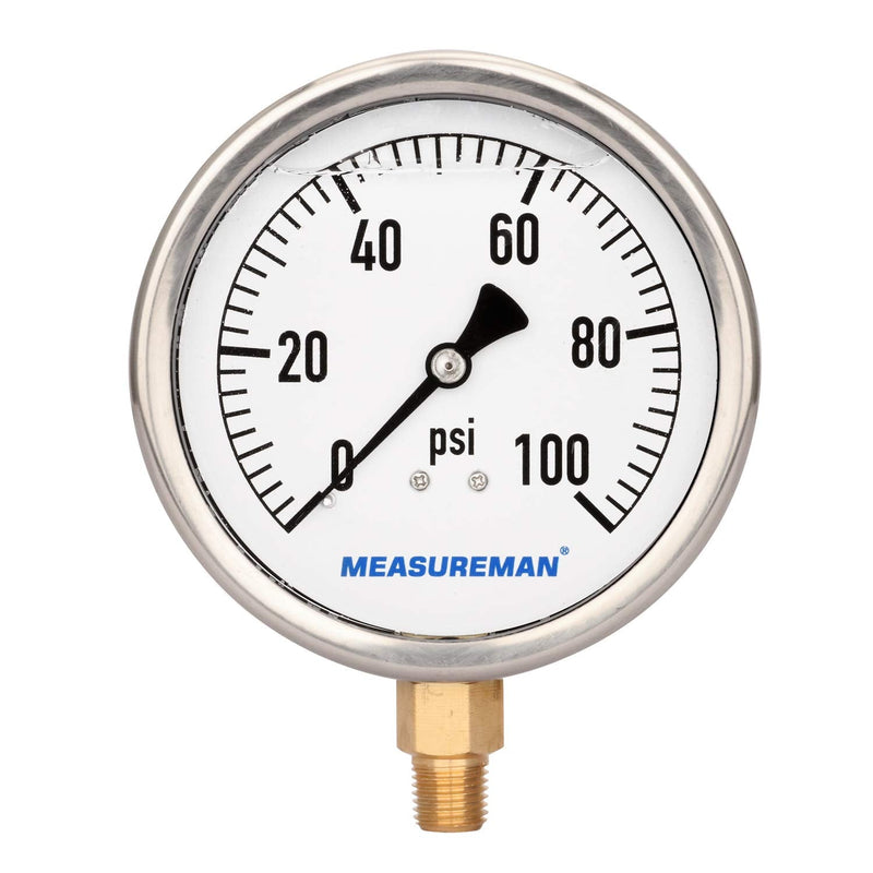 [Australia - AusPower] - MEASUREMAN 4" Dial Size, Glycerin Filled Plumbing Pressure Gauge, 0-100psi, Stainless Steel Case, 1/4"NPT Lower Mount 