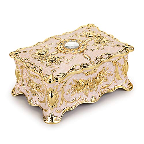 Hipiwe Vintage Metal Jewelry Box - Two Layer Large Trinket Organizer, Beige