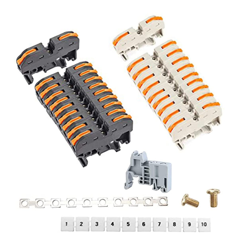 [Australia - AusPower] - DIN Rail Terminal Blocks kit,Universal Compact Wire Wiring Connector (20 pcs connectors+2 pcs Article in Parallel+ 2 pcs Digital Identification+2Pcs Fixed clamp+20 pcs Screw) 20 pcs connectors 