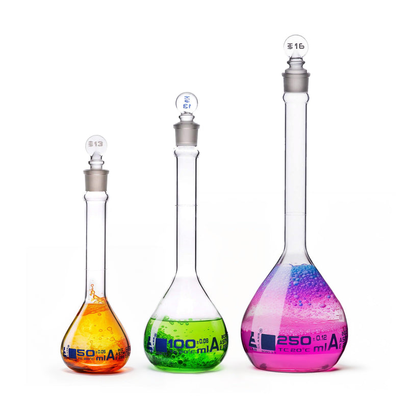 EISCO Premium Volumetric Flask Set - 50ml, 100ml & 250ml - Class A, ASTM E288 - Superior Durability & Chemical Resistance - Glass Penny Stoppers - Borosilicate 3.3 Glass