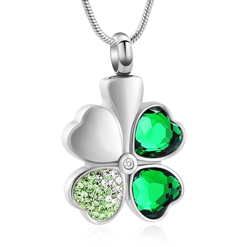 Lucky Four Leaf Clover Urn Necklace for Ashes Cremation Jewelry for Women Men Stainless Steel Memorial Necklaces Ash Holder for Human Pets Keepsake Jewelry for Loved Ones with Fill Tool Silver