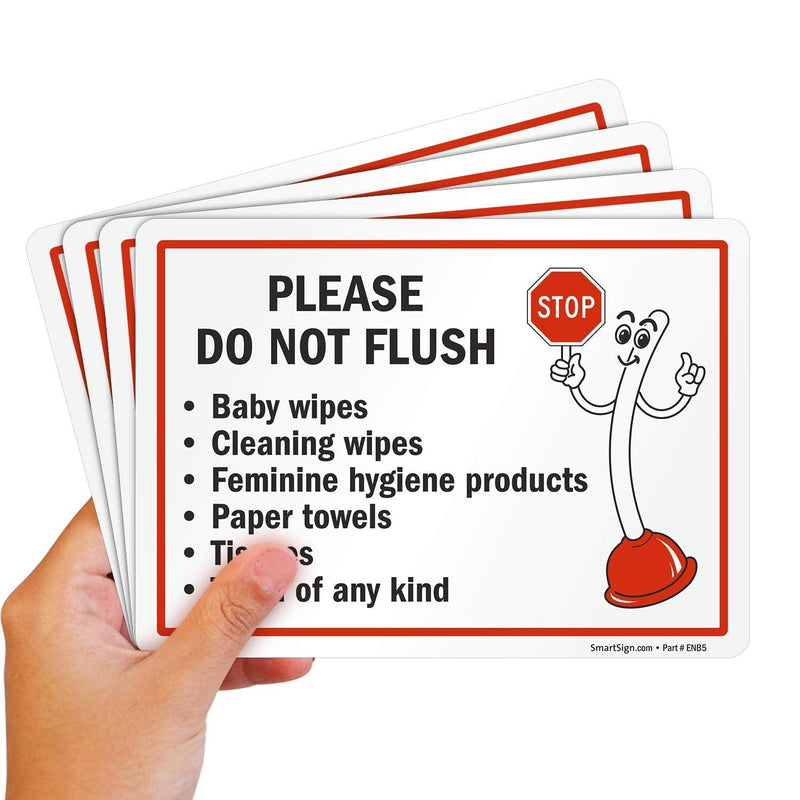 [Australia - AusPower] - SmartSign 5 x7" Funny Please - Do Not Flush Wipes, Feminine Products, Paper Towels, Tissues, Trash Sticker Labels Pack of 4, 5 mil Laminated Polyester with SuperStick Adhesive, Red Black White 5" x 7" - SuperStick Label 