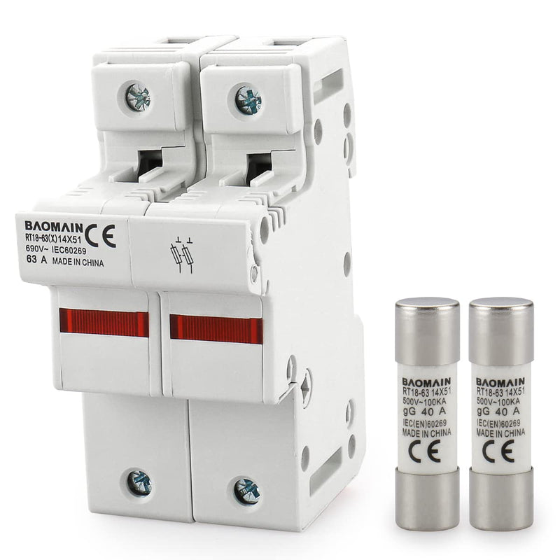 Baomain RT18-63 Fuse Holder Base with 10x40A Ceramic Fuses (14x51mm) – 2 Pole DIN Rail Mount, LED Indicator, CE Certified (40 Amp) RT18-63(X)-2P-40A