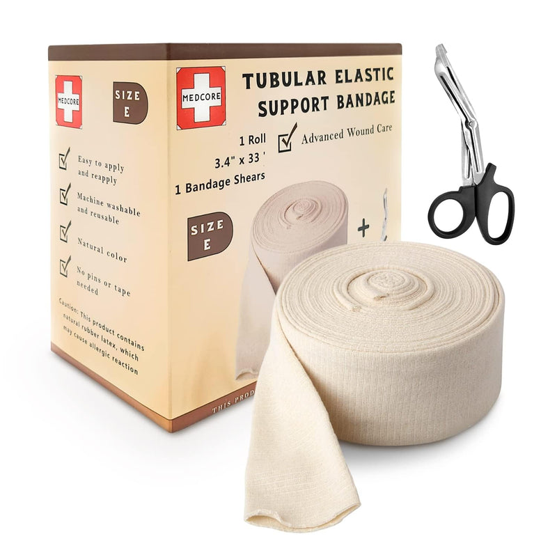 [Australia - AusPower] - Premium Elastic Tubular Medical Bandage Size E Stockinette, 3.4 inches x 33 Feet Plus One Pair of Medical Scissors Size E (3.4" x 33') 