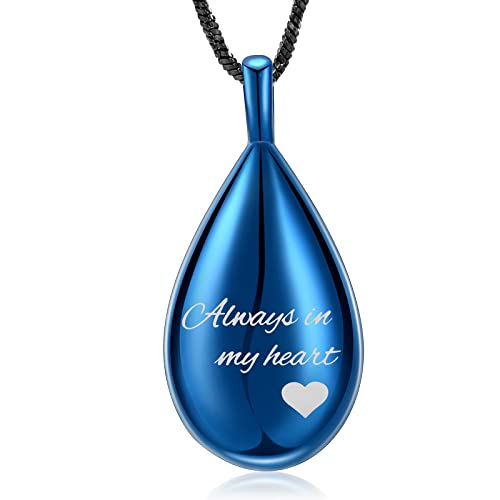 Yinplsmemory Carved Teardrop Keepsake Ashes Necklace Urn Pendant Cremation Memorial Jewelry-Always in my heart Blue