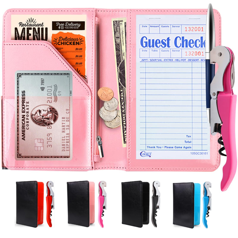 [Australia - AusPower] - Server Book Waitress Wallet Organizer Bundle with Wine Opener- 7 Pocket Waiter Pad (Pink) Pink 