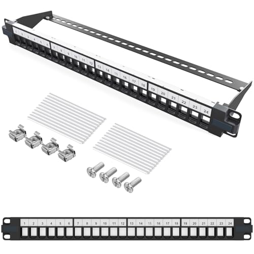 hb-digital 24 Port Patch Panel Distribution Panel Patch Panel Modular for RJ45 Keystone Module 19 Inch CAT 5 CAT 6 CAT 7 for Network Cabinet LAN Professional TIA568A TIA568B Switch Earth Cable - Black