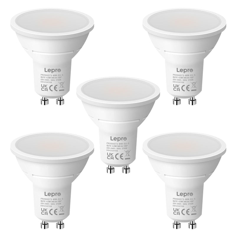 Lepro GU10 LED Warm White Bulbs, 4.5 W, 345 lm, Not Dimmable, Pack of 5 | 100° beam angle, 2700 K warm white, flicker-free, energy-saving LED bulb for living room, kitchen, office
