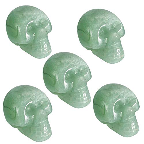 Mini 1" Crystal Human Skull Head Statue Figurine, Hand Carved Pocket Stone Halloween Sculptures Decoration Healing Reiki, Pack of 5, Green Aventurine