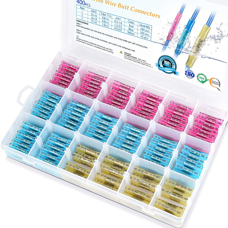 TICONN 400PCS Heat Shrink Butt Wire Connector Kit, Insulated Waterproof Electrical Wire Crimp Terminals Butt Splice for Marine Automotive (400PCS) Mix 400 PCS