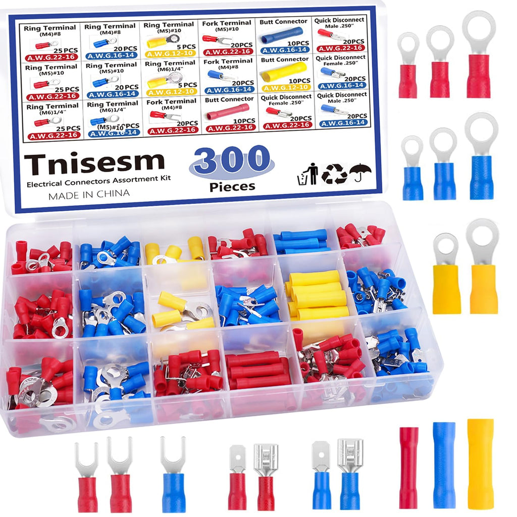 Tnisesm 300PCS Wire Connectors Insulated Wire Crimp Connectors Assortment Kit with Ring, Spade, Butt, Quick Disconnect, Crimp Automotive Cable Terminals TN-T01 Insulated Connectors