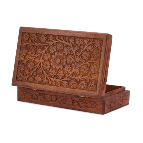 Ajuny Wooden Handcarved Decorative Jewelry Storage Box Flower Design Multipurpose Treasure Chest Keepsake Organizer Necklaces Watch Boxes Great for Gifts 10x6 Inch 10 x 6 Inch