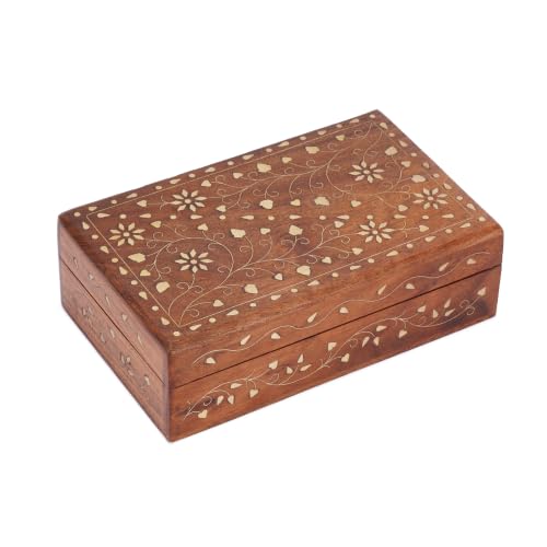 Ajuny Hand Carved Wooden Decorative Jewelry Storage Box with Floral Carvings Design Brass Inlay Keepsake Travel Treasure Chest Trinket Holder Organiser Great Gifts 8 x 5 Zoll