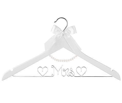 Bridal Dress Hanger Solid Wood Dress Hangers Mrs Letter Hanger Wedding Gift (Silver White Hangers and Pearls) Silver White Hangers and Pearls
