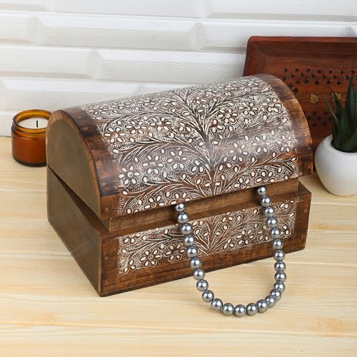 Ajuny Wooden Keepsake Jewelry Box Floral Pattern Storage Chest 9x6 Inch White Flower