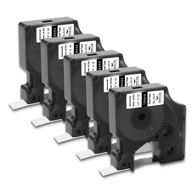 [Australia - AusPower] - Compatible with Dymo Rhino 5200 4200 6000 Industrial Vinyl Labels Compatible with Dymo Rhino Permanent Vinyl Industrial Label Tape, Black on White, 12mm x 5.5m, 5 Pack 18444 Label Tape 1/2 Inch 