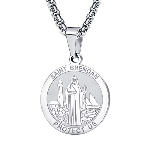 Wolentty Saint Brendan Necklace - 1" Stainless Steel Catholic St. Brendan Medal Pendant with 22" Chain Silver