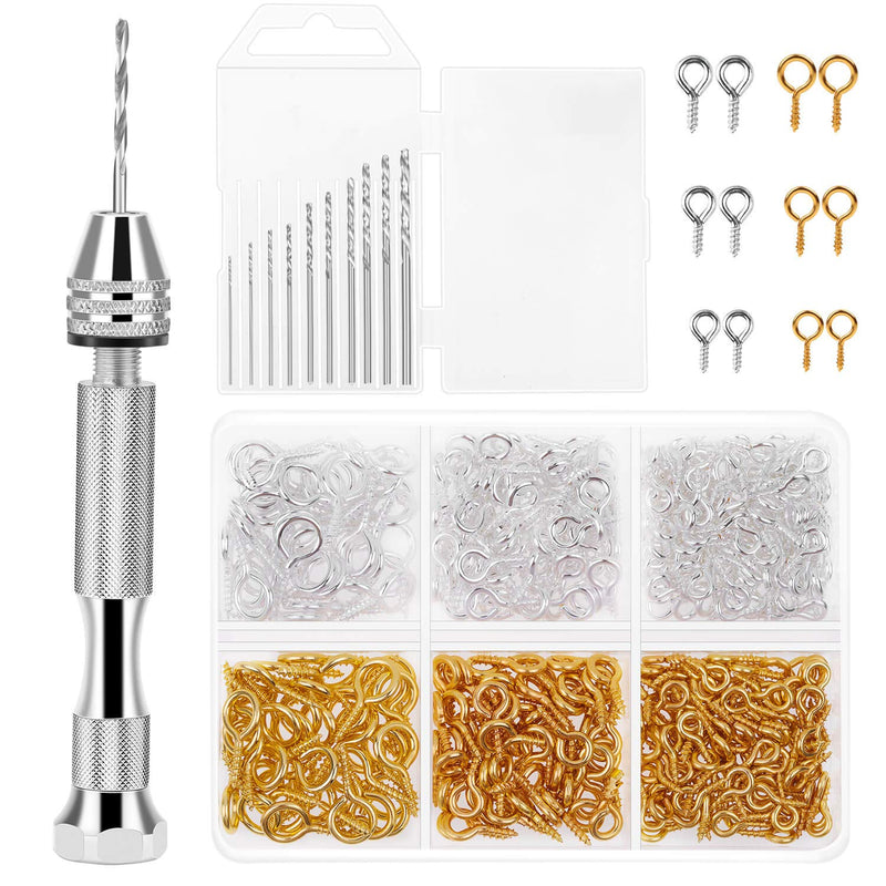 [Australia - AusPower] - Pin Vise for Resin Casting Molds, Shynek Hand Drill for Jewelry Making Resin Tools includes 1Pcs Push Hand Drill 10Pcs Drill Bits 480Pcs Eye Screws for DIY Keychain (Gold+Silver) Gold+silver 