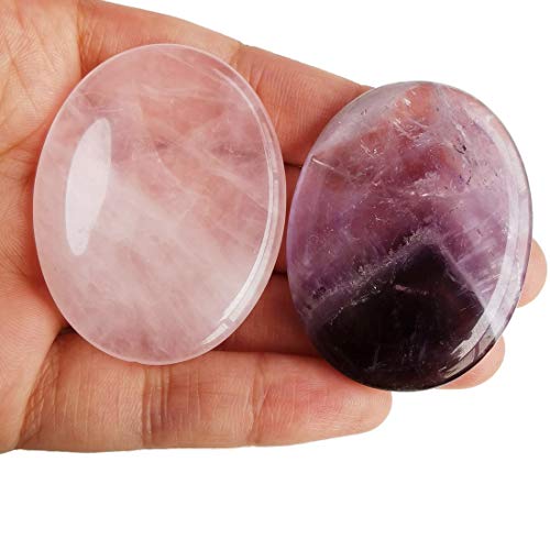 Healing Crystal Thumb Worry Stone Set of 2, Palm Pocket Stones for Meditation, Stress Relief Gemstone Gift for Women,Rose Quartz and Amethyst 1.77" x 1.37" x 0.3" Purple W Pink